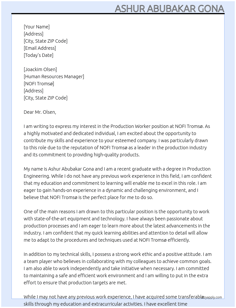 Production worker At NOFI Tromsø  Cover Letter