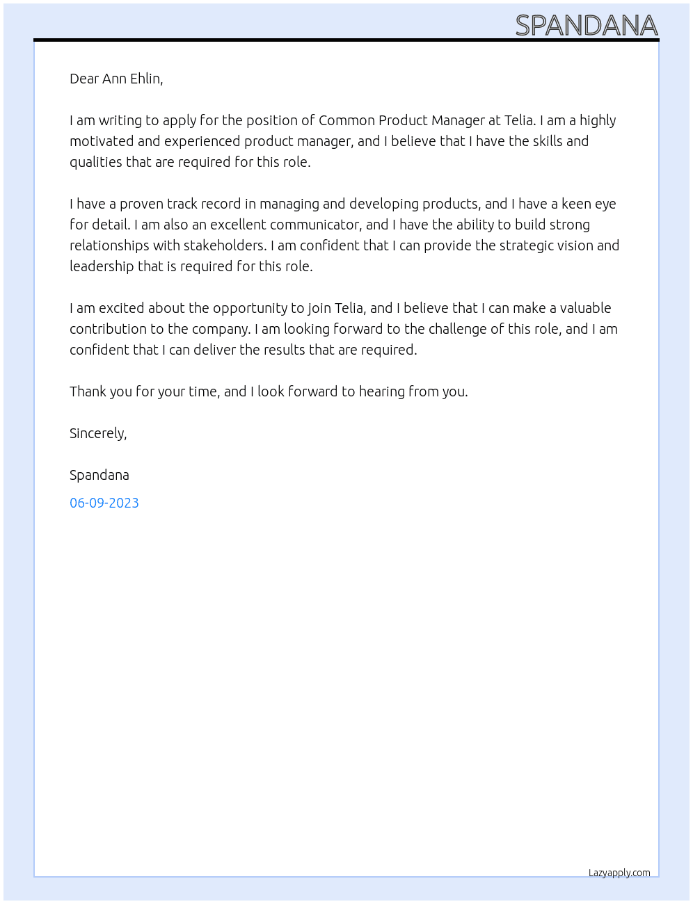 Common Product Manager At Telia Cover Letter