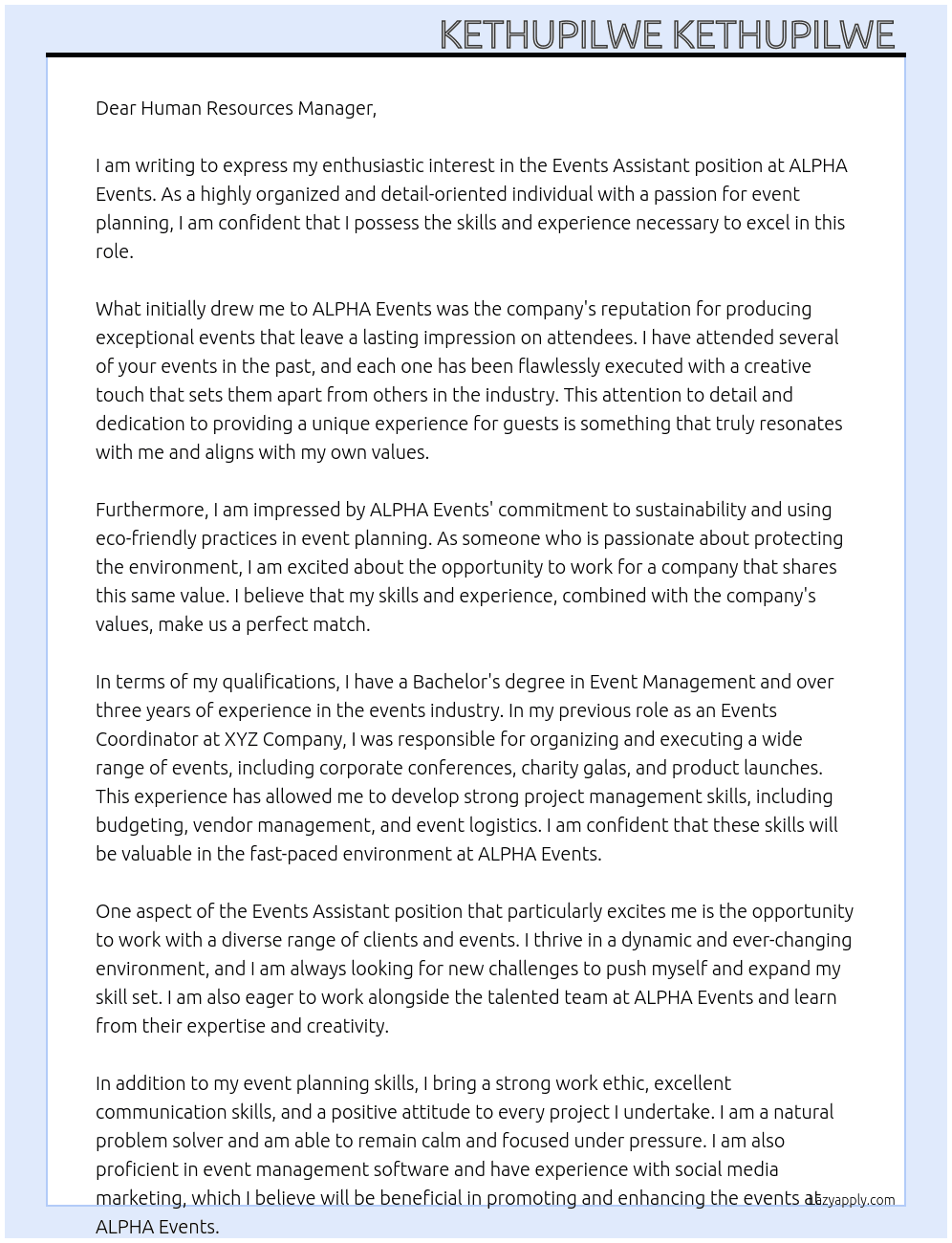 Events Assistant  At ALPHA Events  Cover Letter