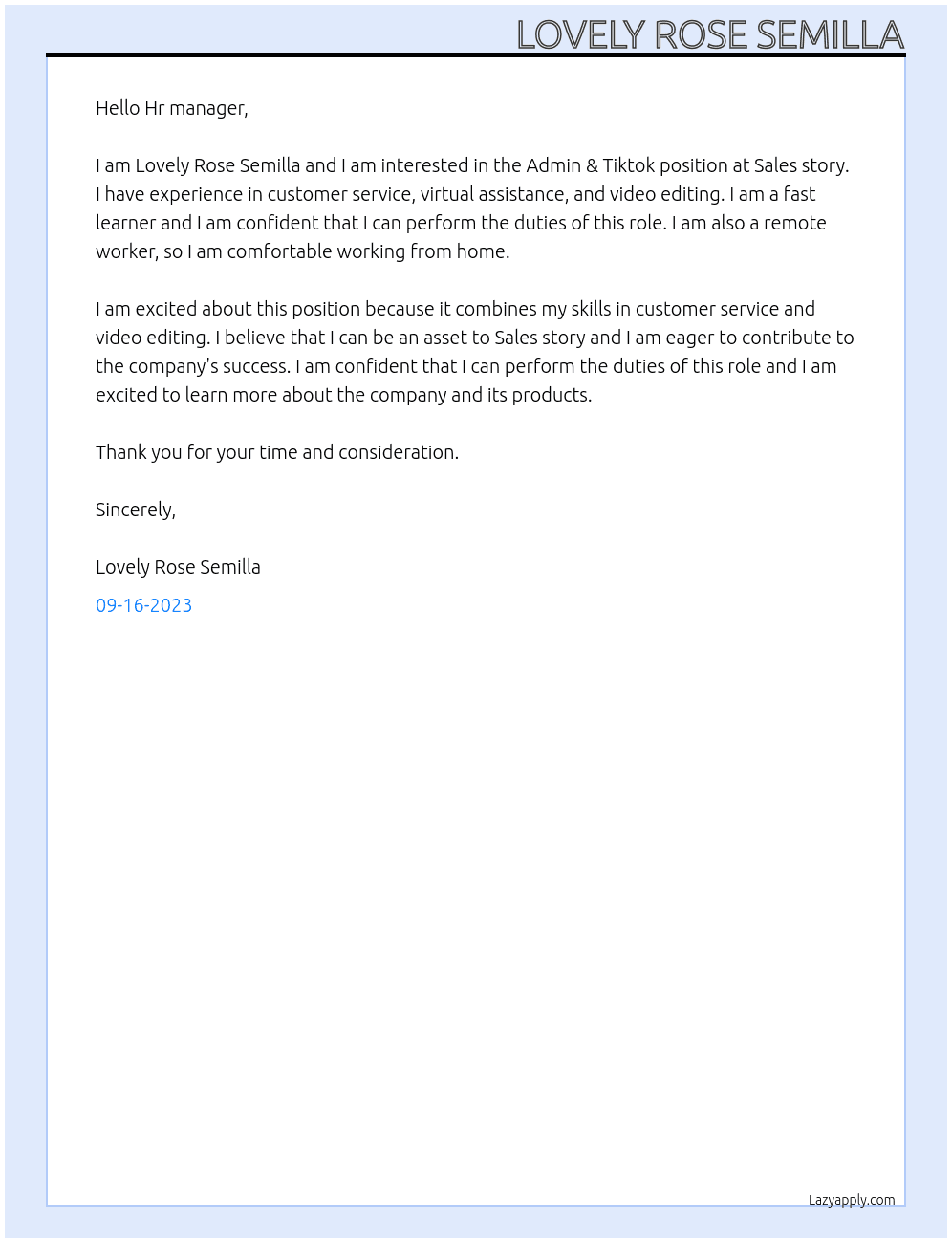 Admin & Tiktok At Sales story Cover Letter