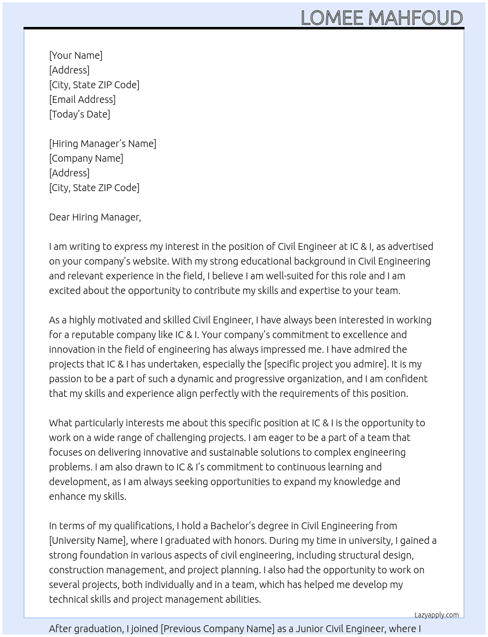 civil engineer At Ic & i Cover Letter