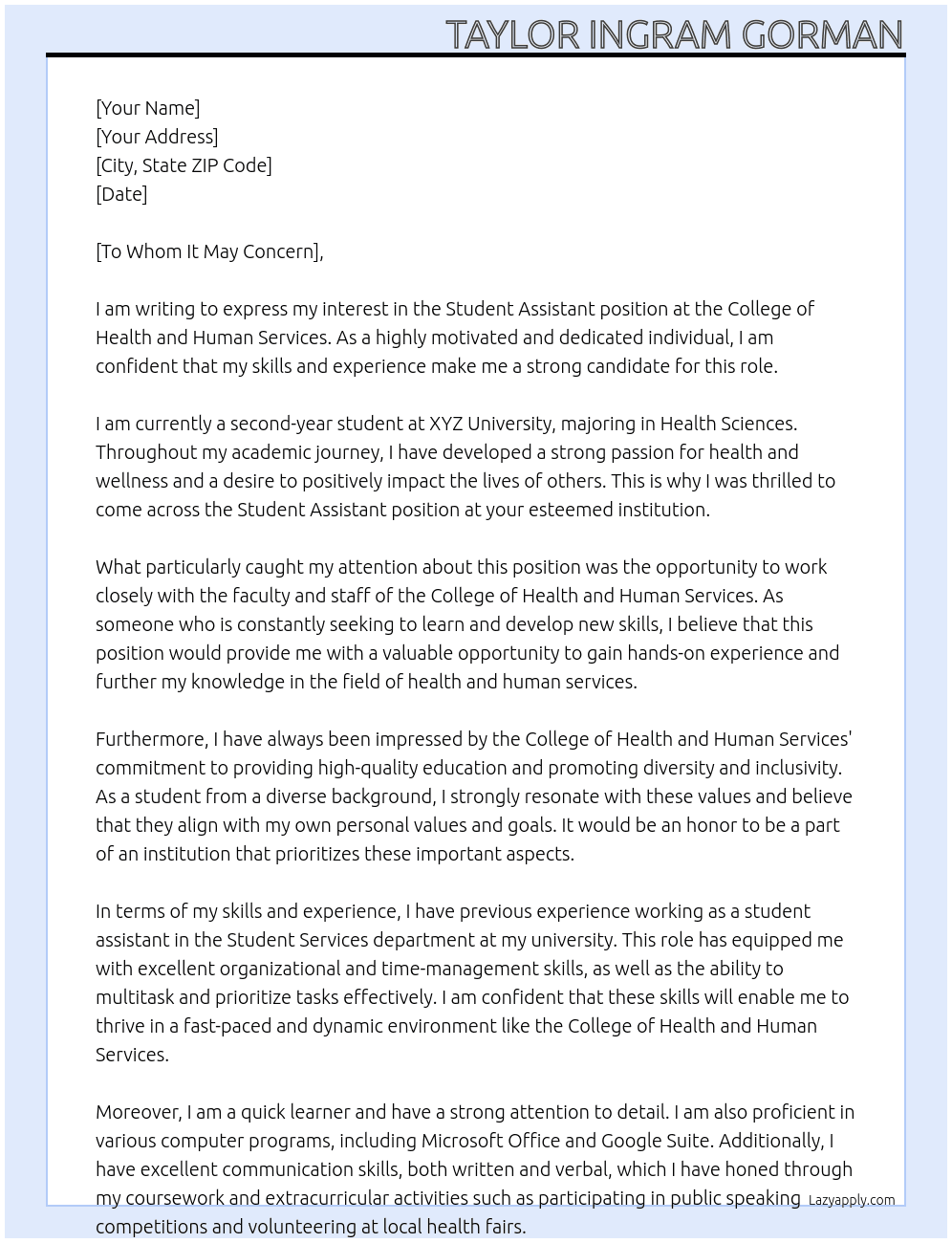 Student Assistant  At College of Health and Human Services  Cover Letter