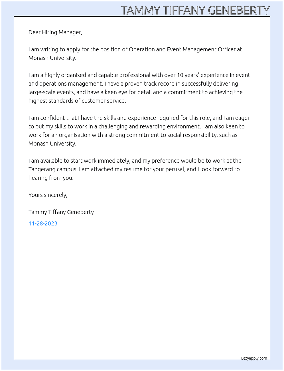 Operation and Event Management Officer At Monash University Cover Letter