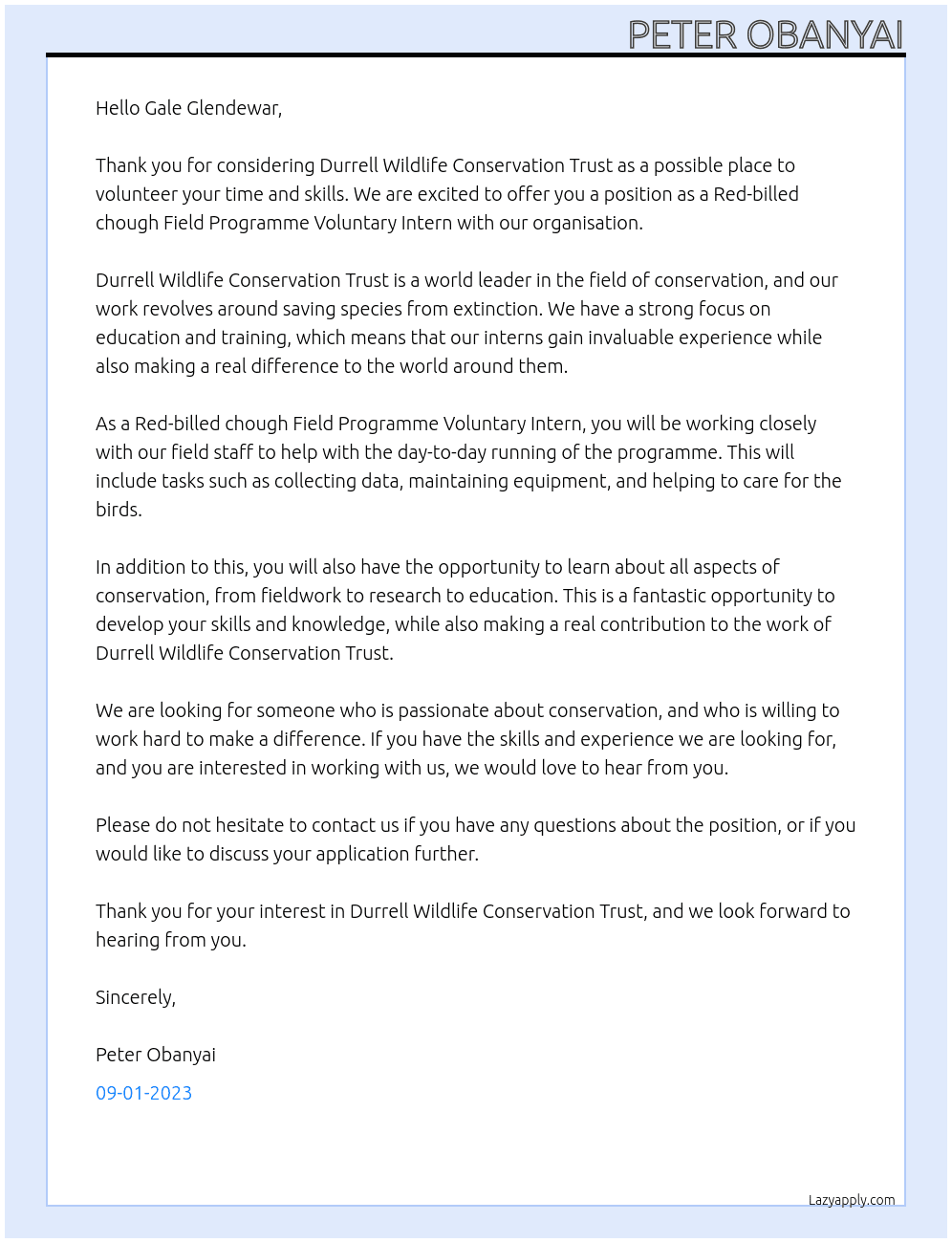 Red-billed chough Field Programme Voluntary Intern At Durrell Wildlife Conservation Trust Cover Letter