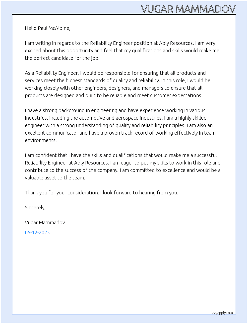 Reliability Engineer At Ably Resources Cover Letter