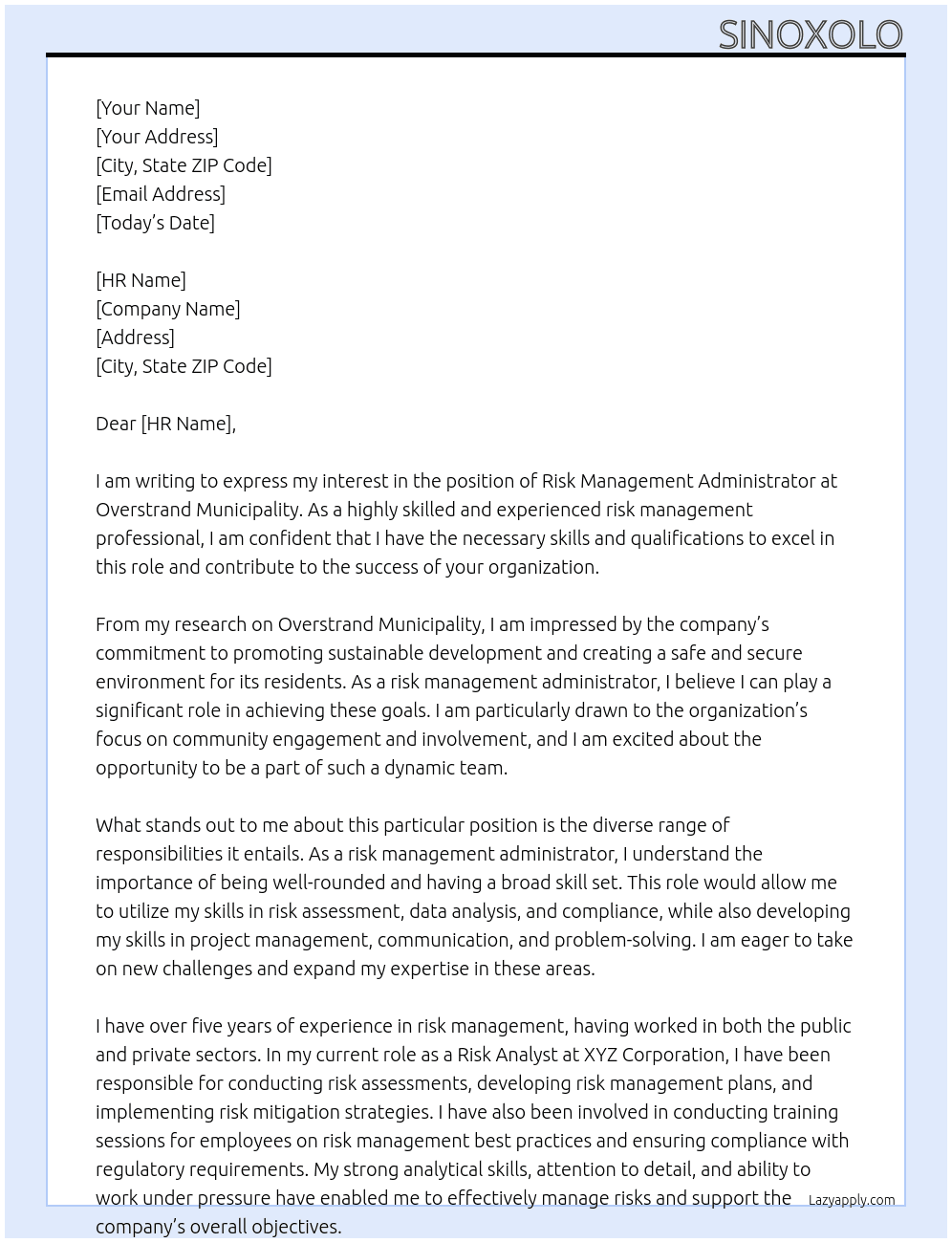 Risk Management Administrator At Overstrand Municipality Cover Letter