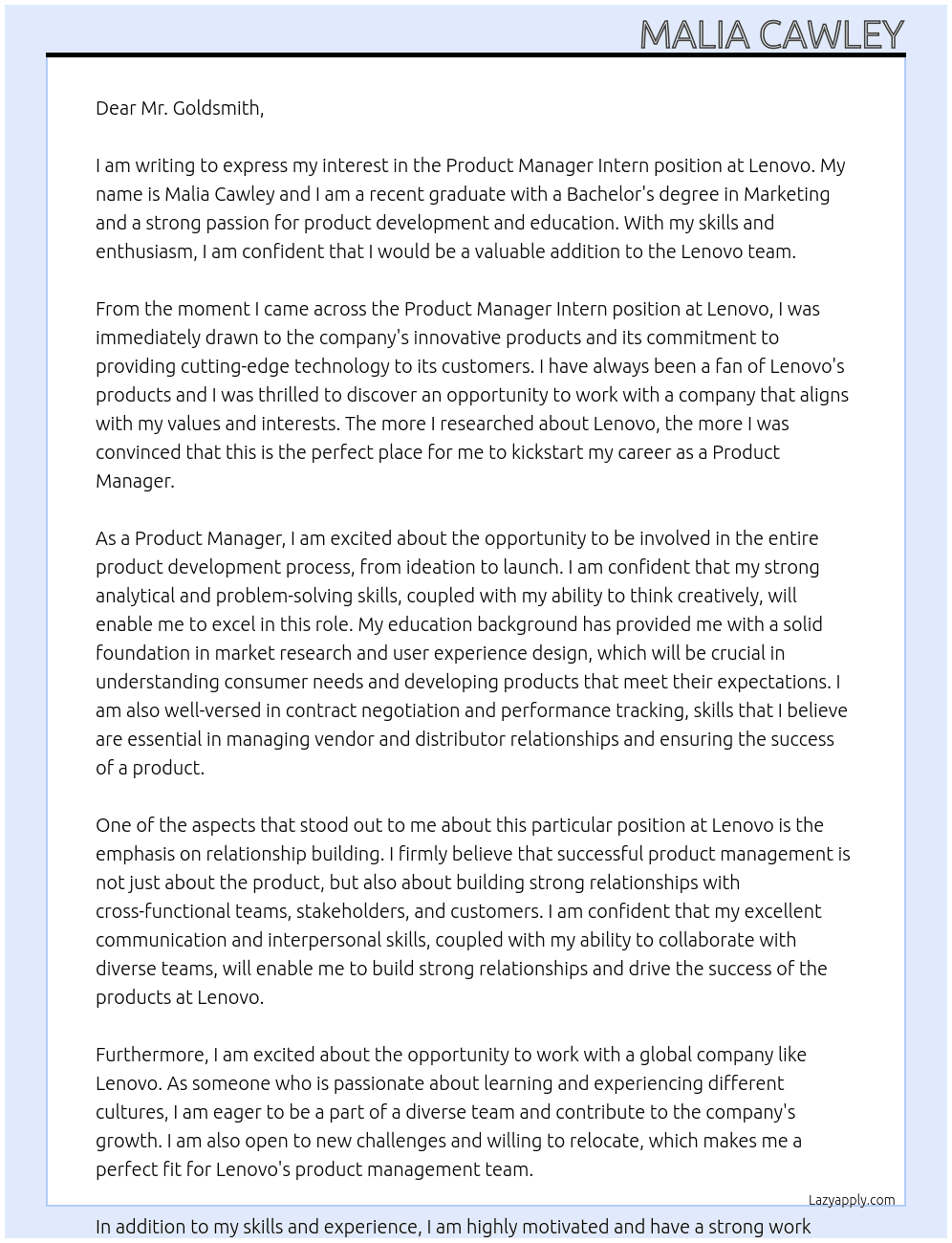 Product Manager Intern At Lenovo Cover Letter