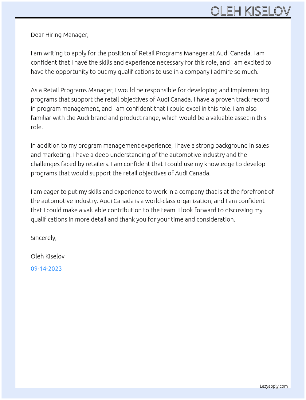 Retail Programs Manager At Audi Canada Cover Letter