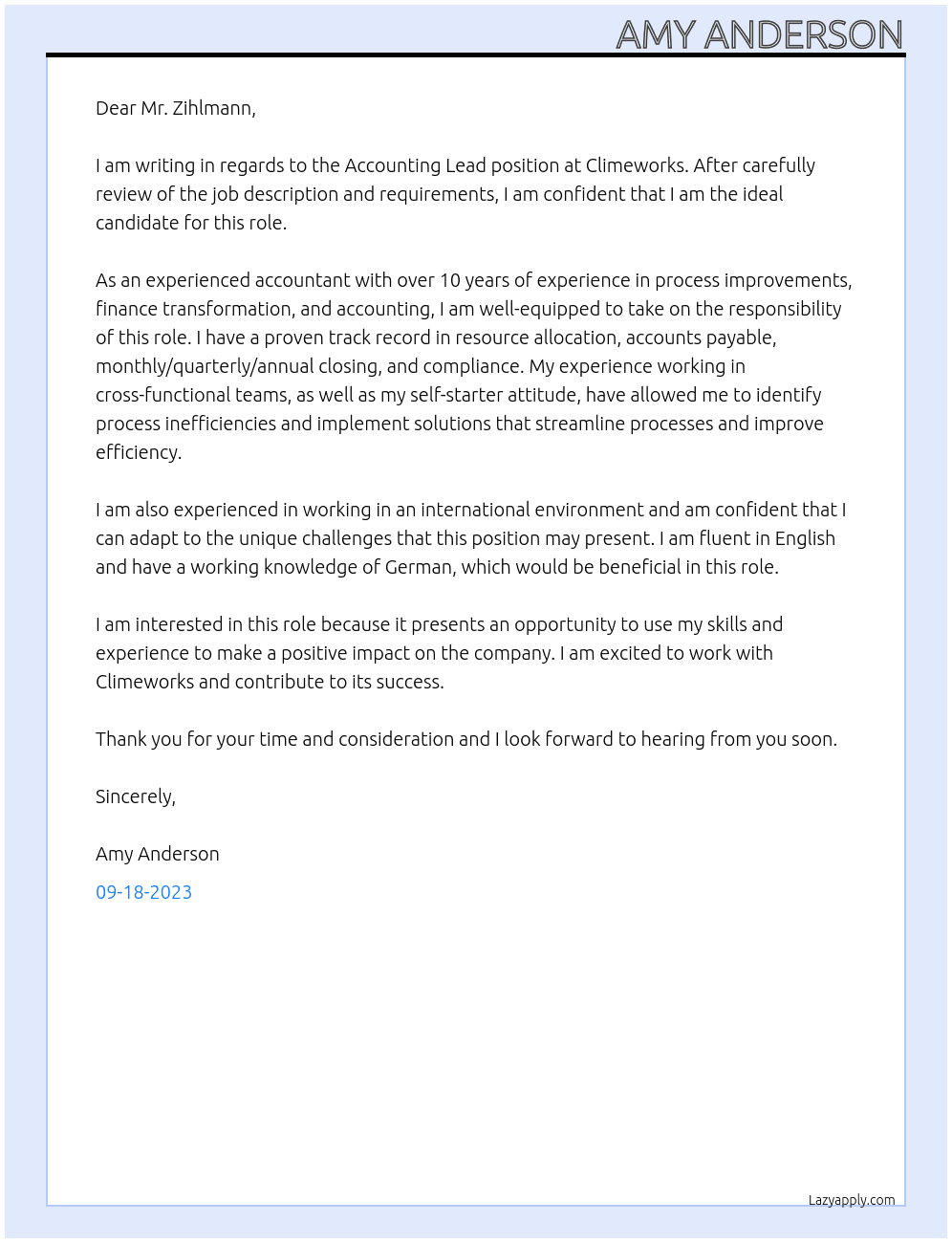 Acounting Lead At Climeworks Cover Letter