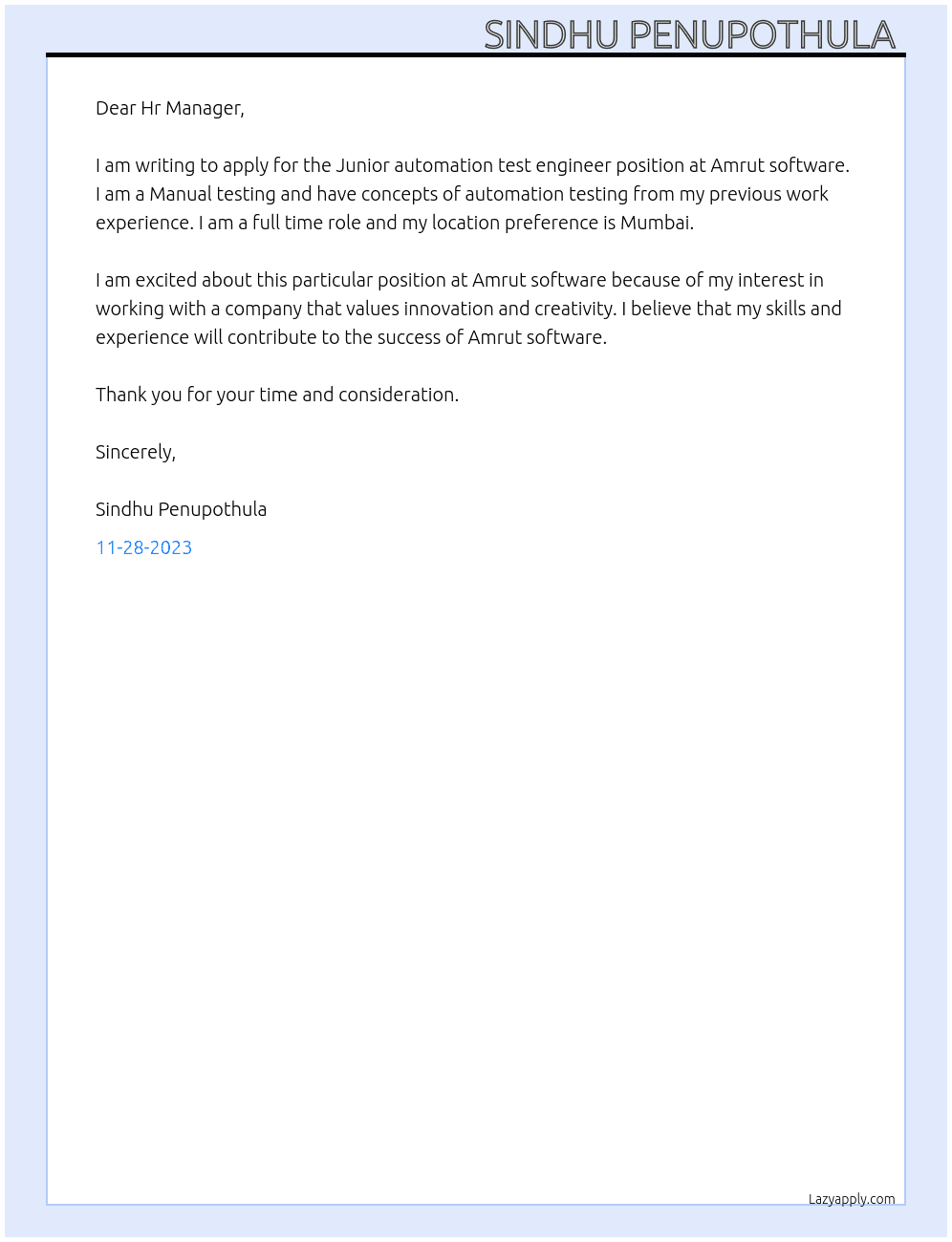 Junior automation test engineer  At Amrut software  Cover Letter