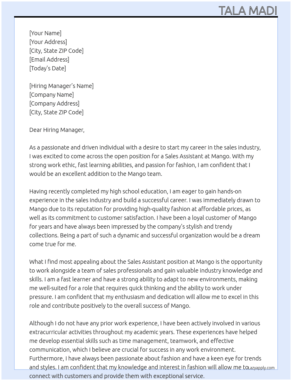 sales assistan At Mango Cover Letter