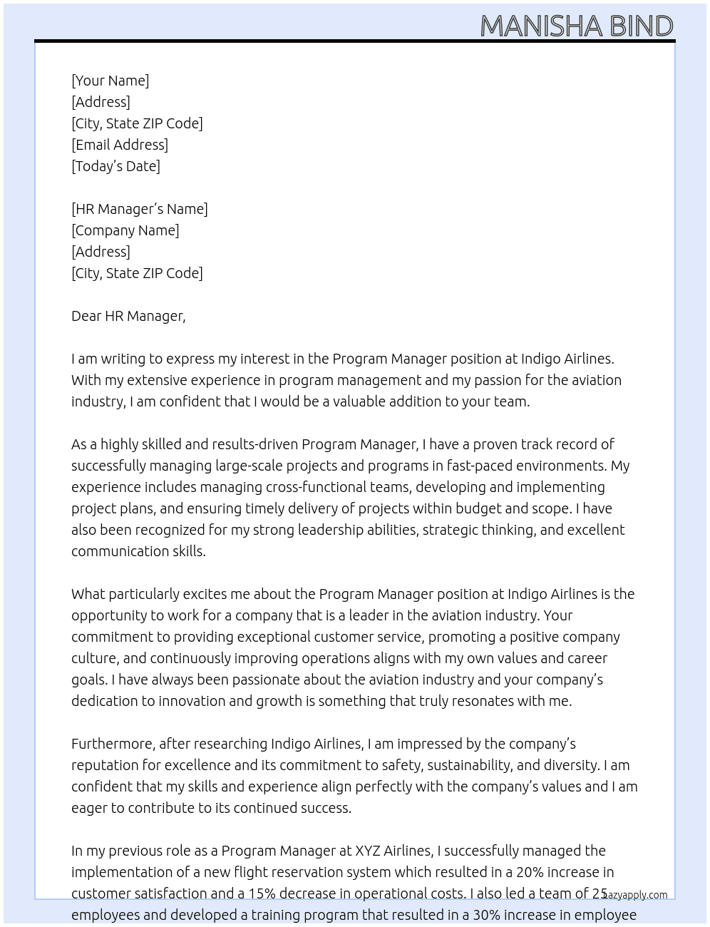 Program Manager At Indigo Airlines Cover Letter