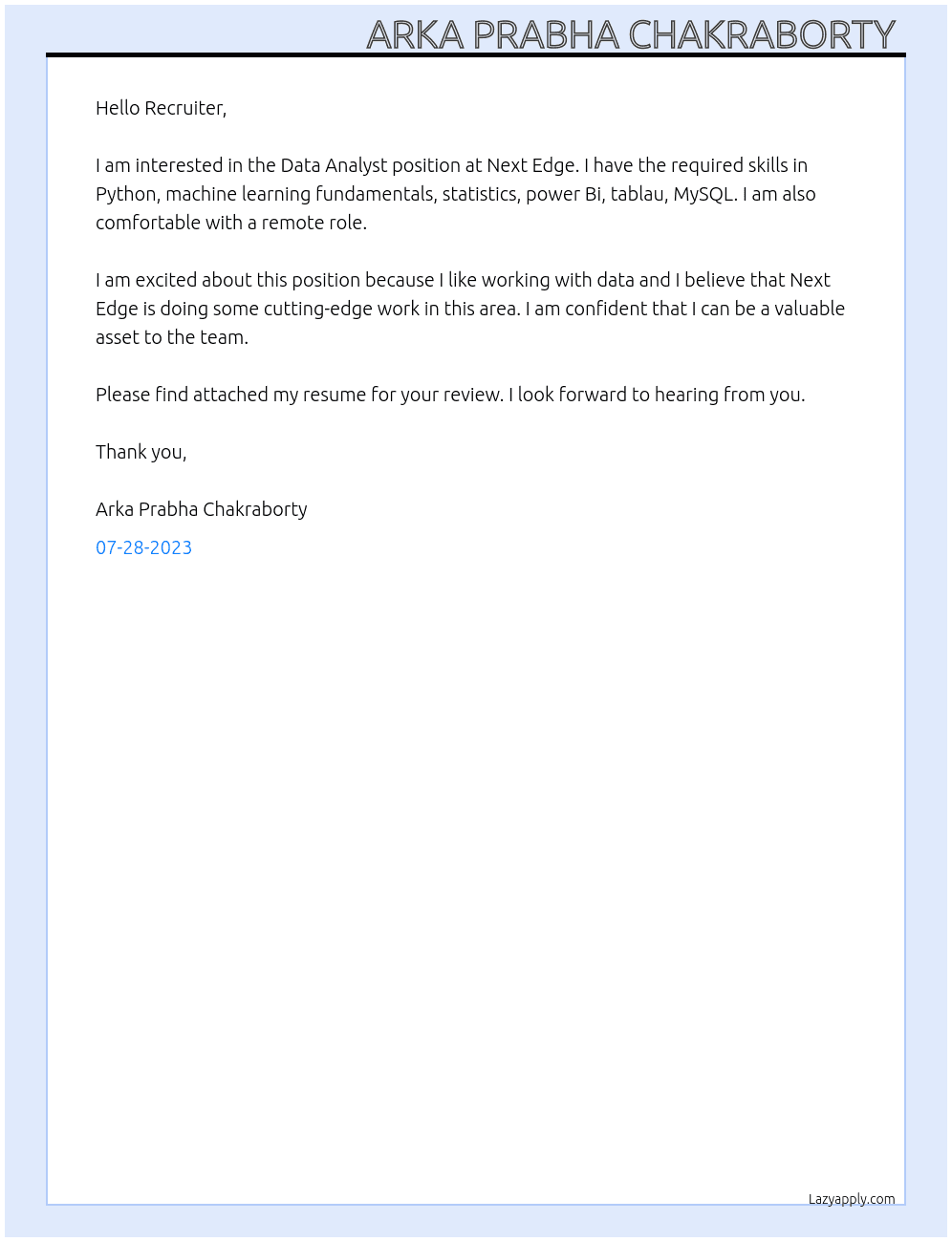 Data analyst At Next Edge Cover Letter
