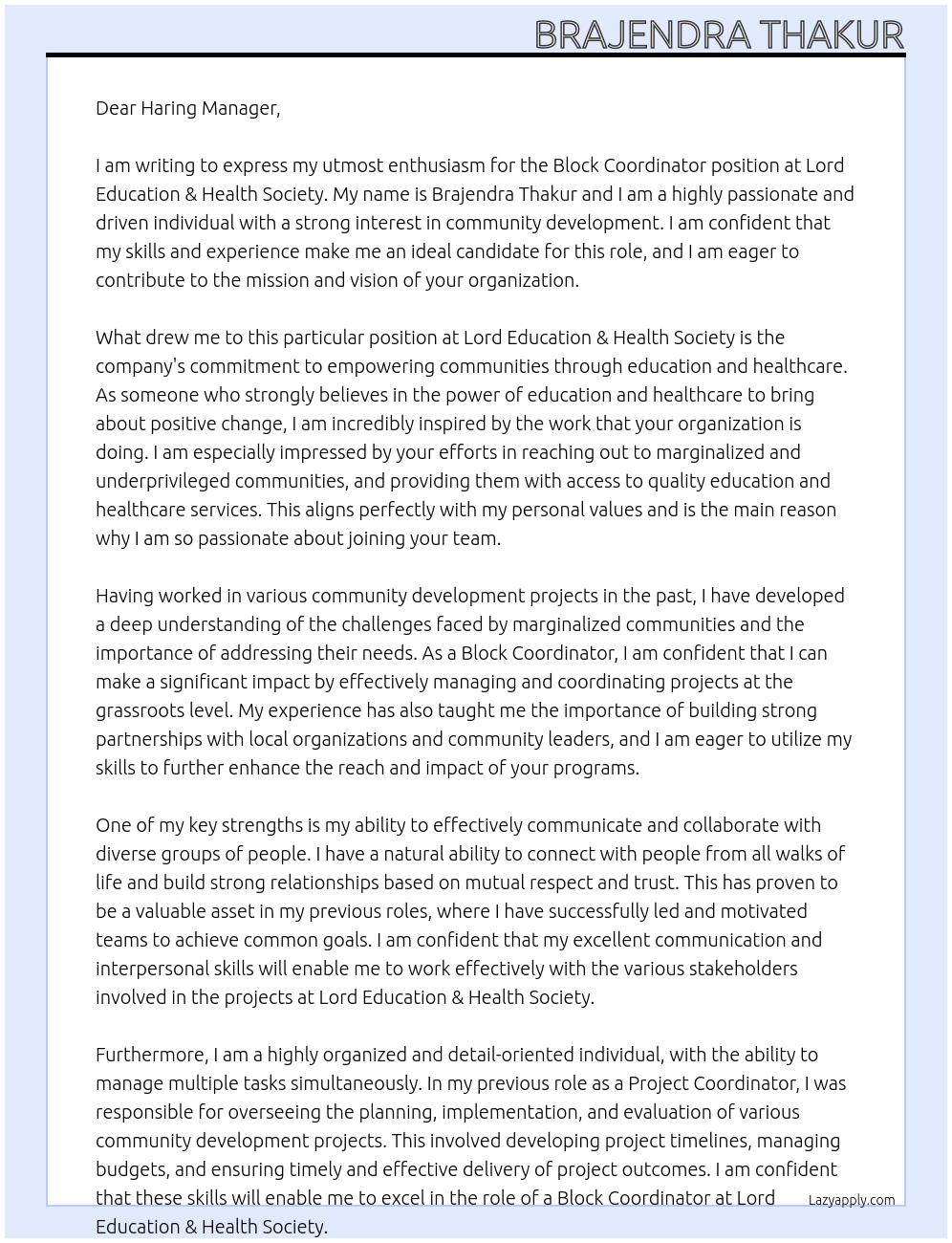 Block Coordinator  At Lord Education & Health society  Cover Letter