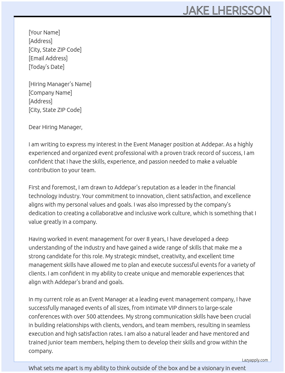 Event Manager At Addepar Cover Letter