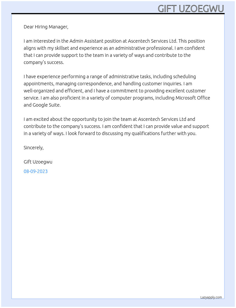 Admin Assistant  At Ascentech Services Ltd Cover Letter