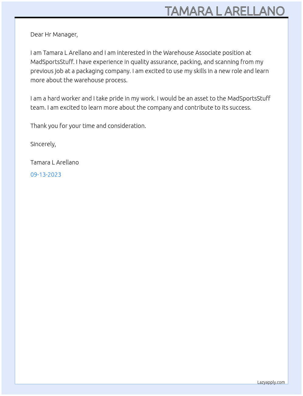 Warehouse Associate  At MadSportsStuff  Cover Letter