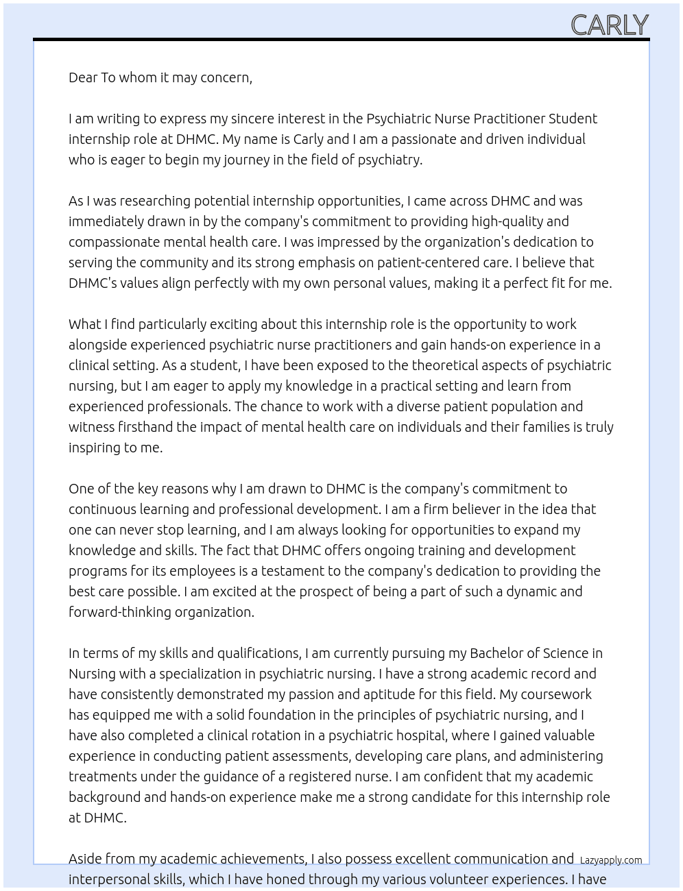 Psychiatric Nurse Practitioner Student At DHMC Cover Letter