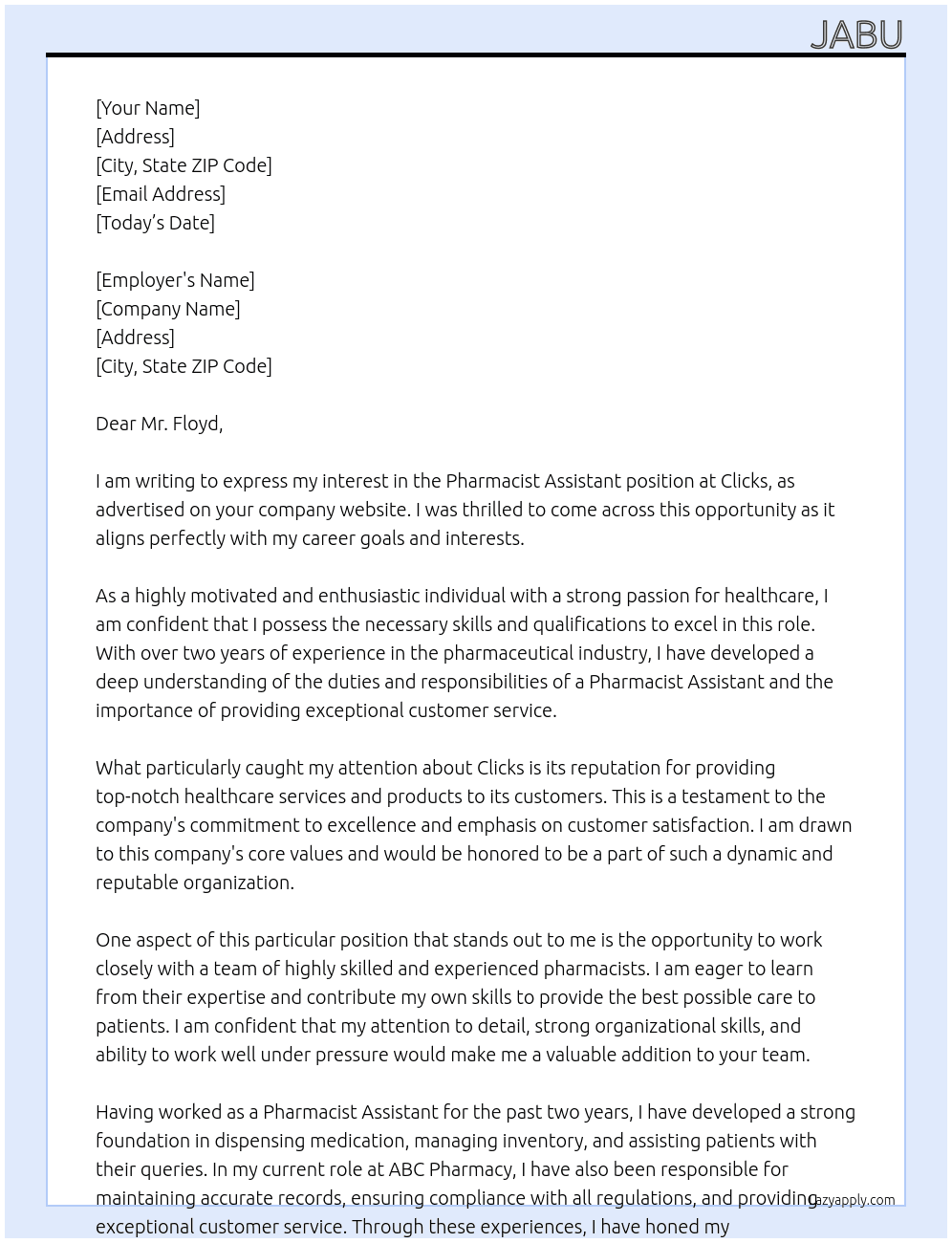 Pharmacist Assistant At Clicks Cover Letter