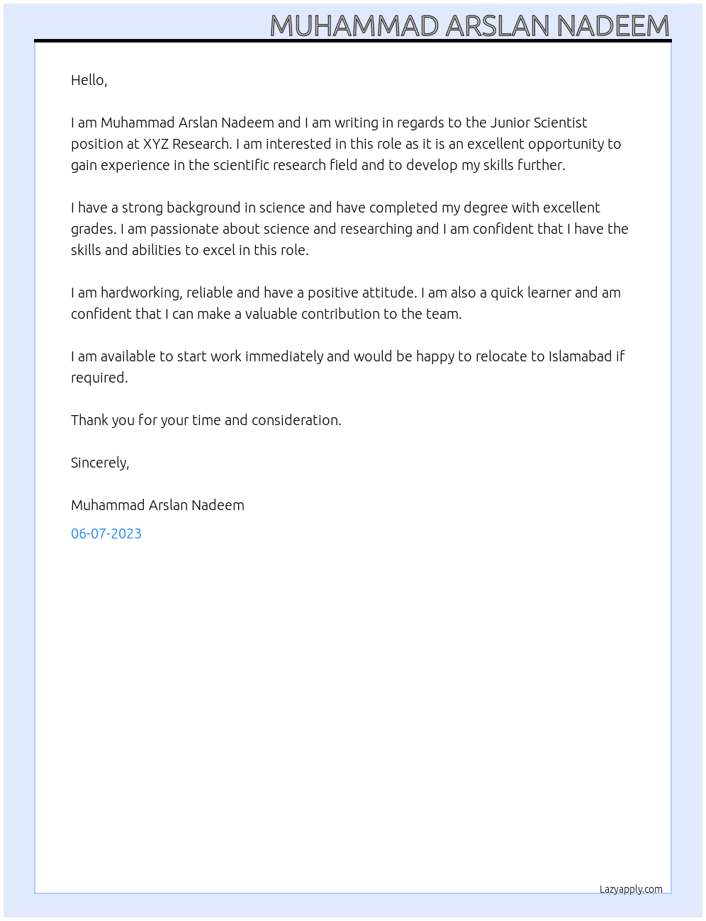 Junior Scientist At XYZ RESEARCH Cover Letter