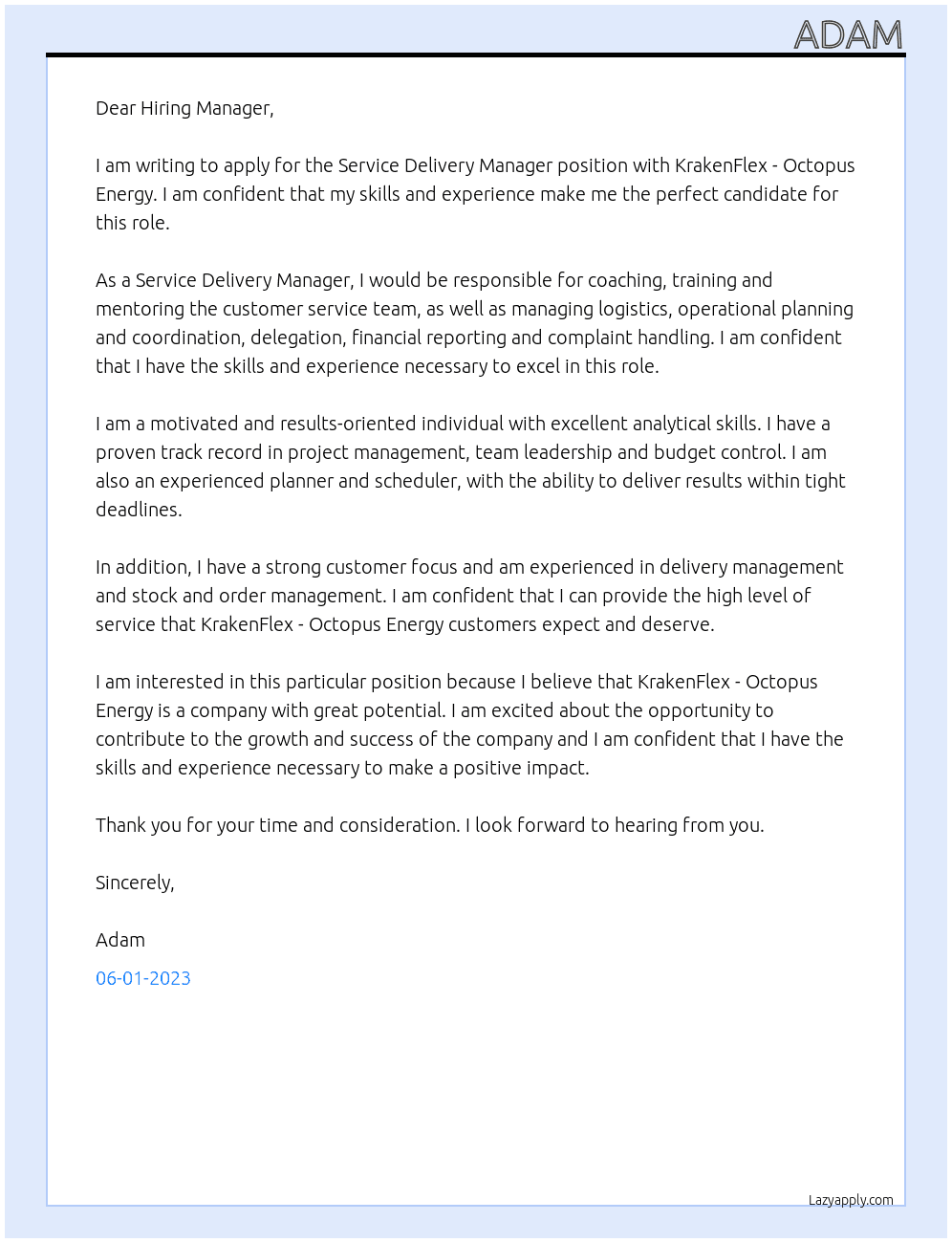 Service Delivery Manager At KRAKENFLEX - Octopus Energy Cover Letter