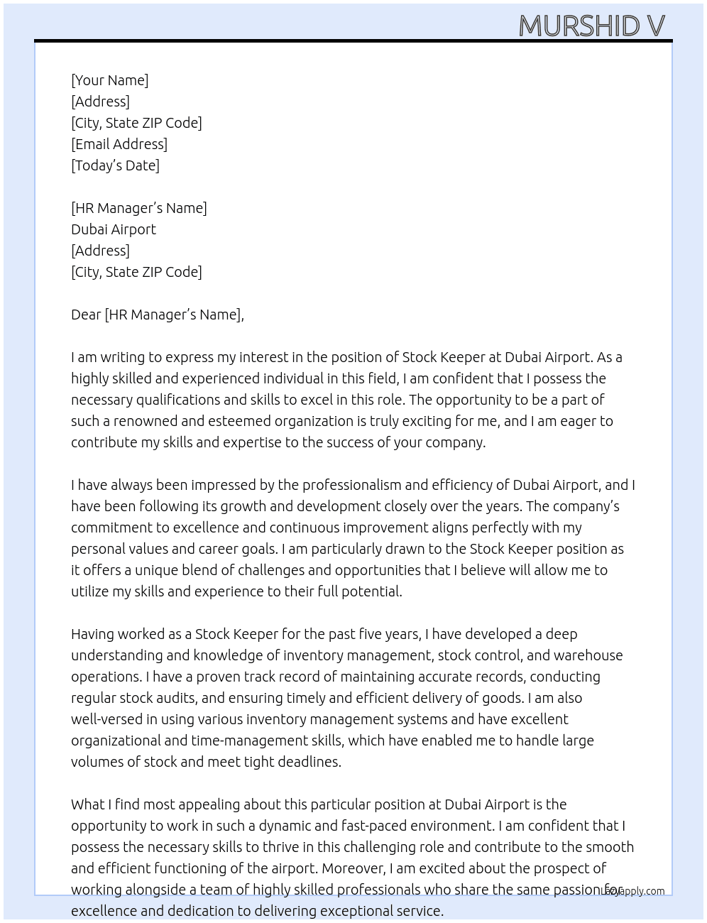 Stock keeper At Dubai airport  Cover Letter