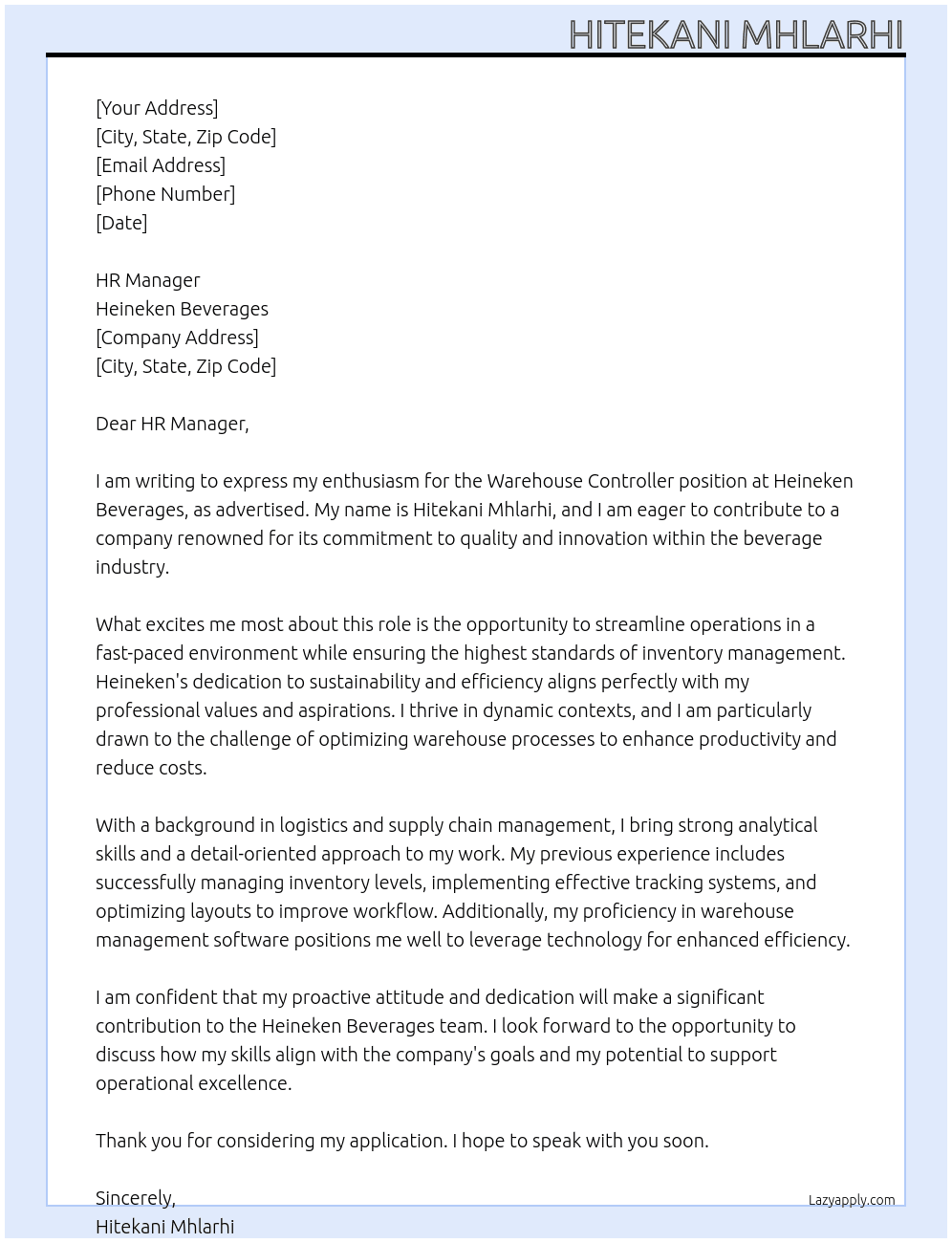 Cover letter for warehouse controller - LazyApply