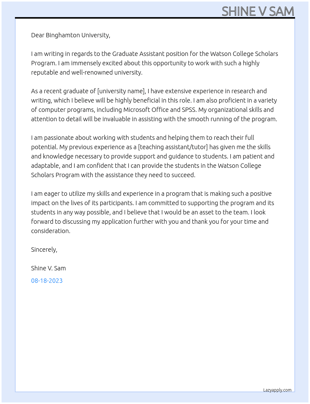 Graduate Assistant At Binghamton University  Cover Letter