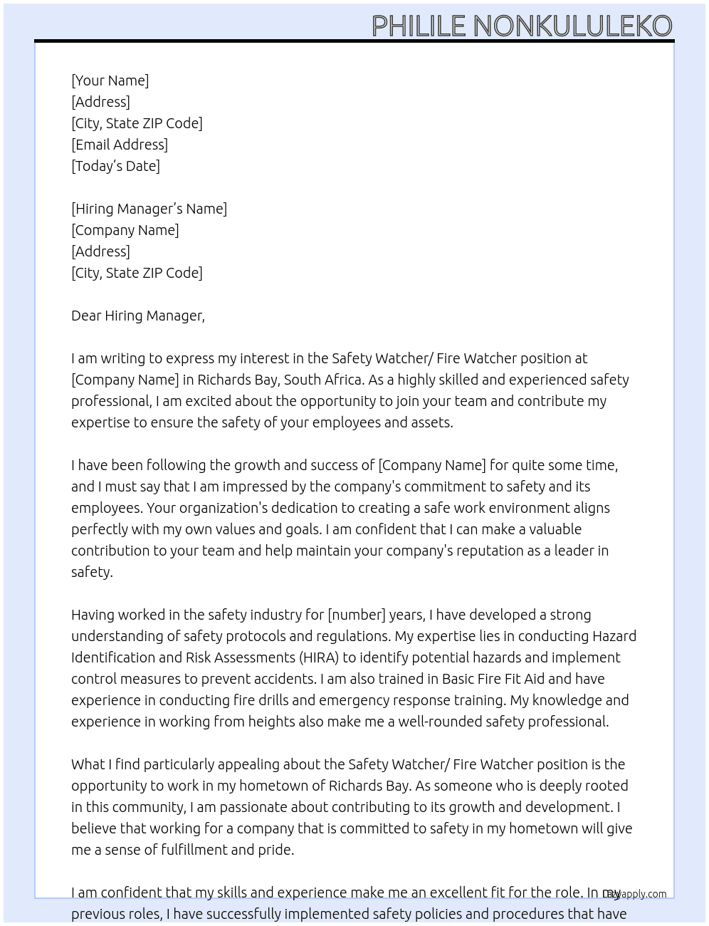 Safety Watcher/ Fire Watcher At  Safety Watcher/ Fire Watcher Cover Letter