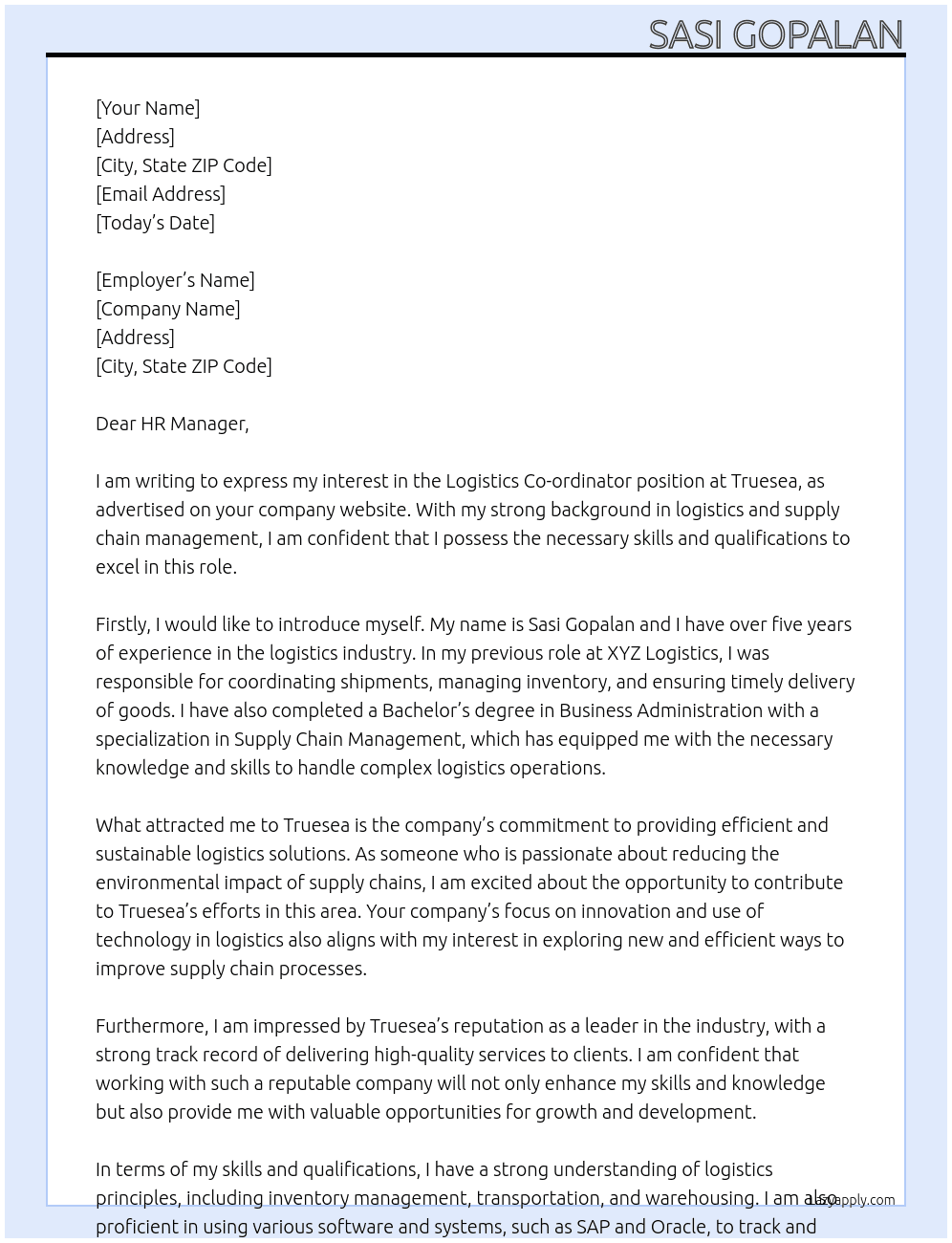 logistics co-ordinator At truesea Cover Letter