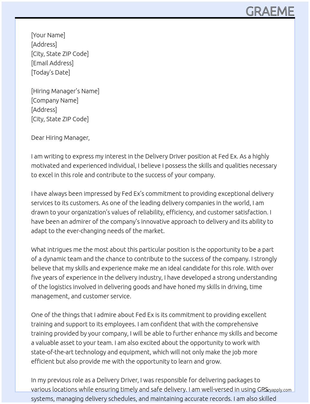 Delivery Driver At Fed Ex Cover Letter