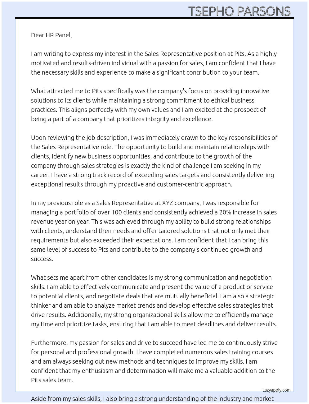 Sales rep At Pits Cover Letter
