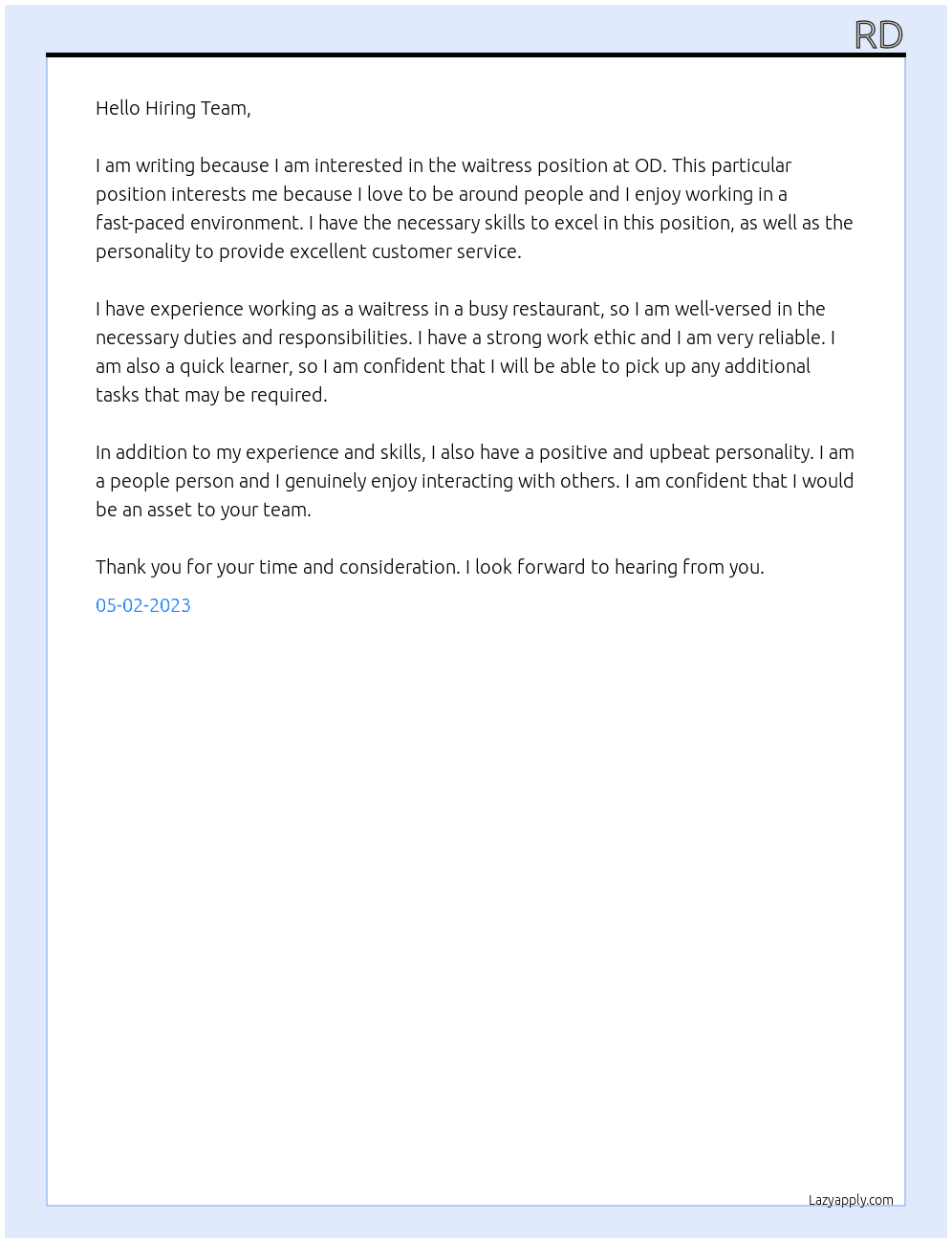 Waitresss At OD Cover Letter