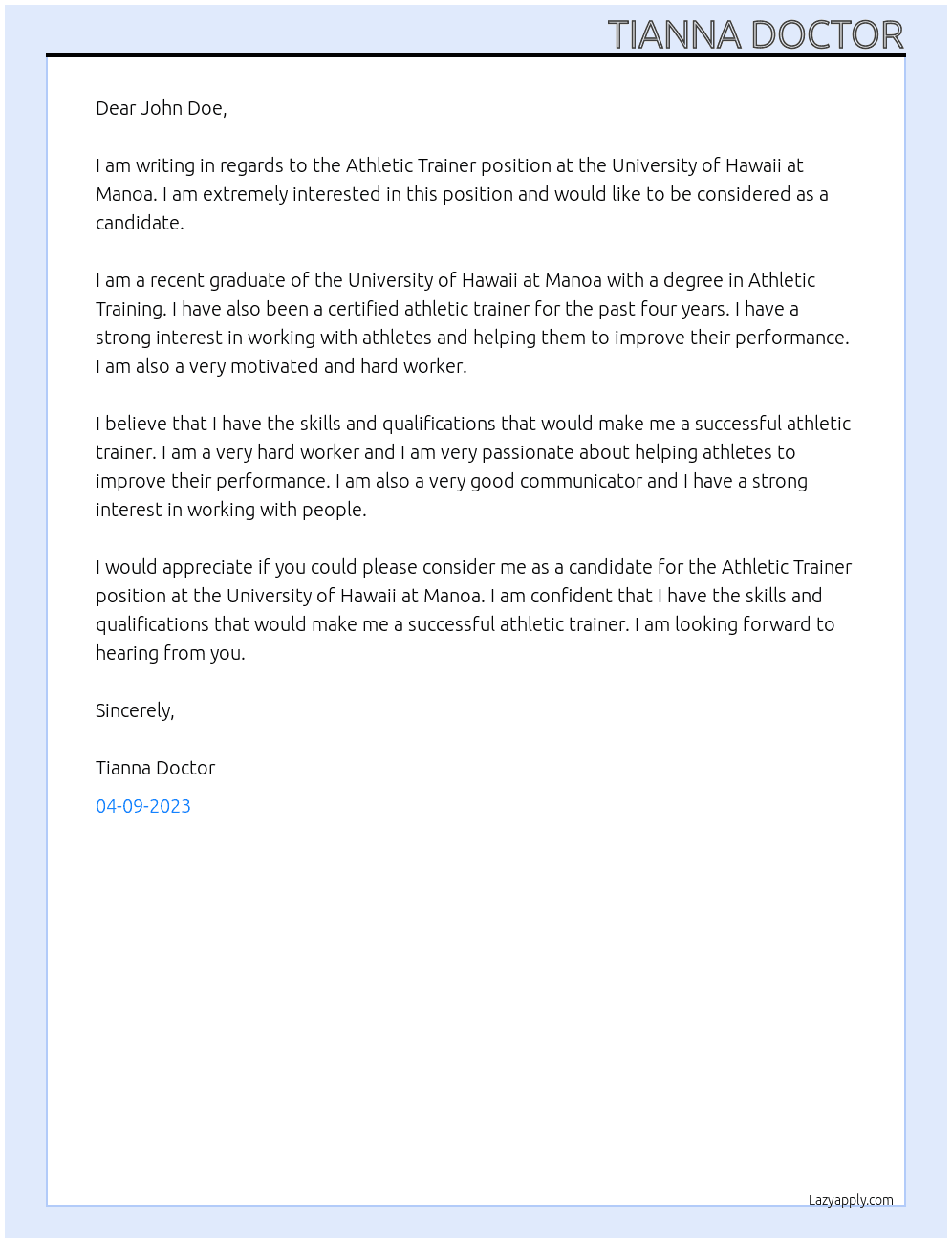 Athletic Trainer  At University of hawaii at manoa  Cover Letter
