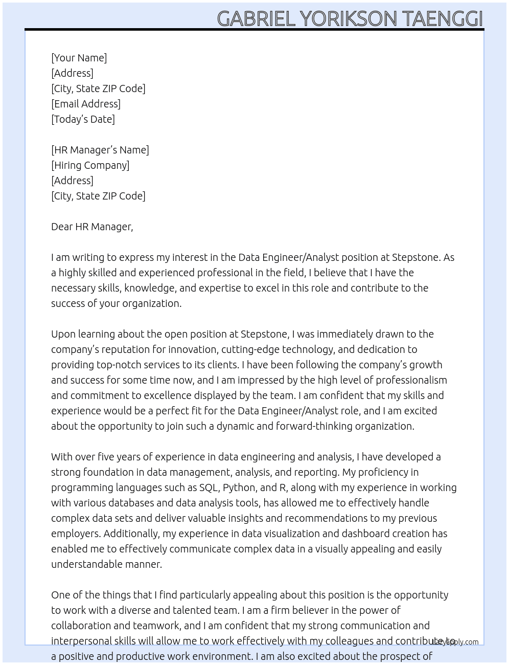 Data Engineer/Analyst At Stepstone  Cover Letter
