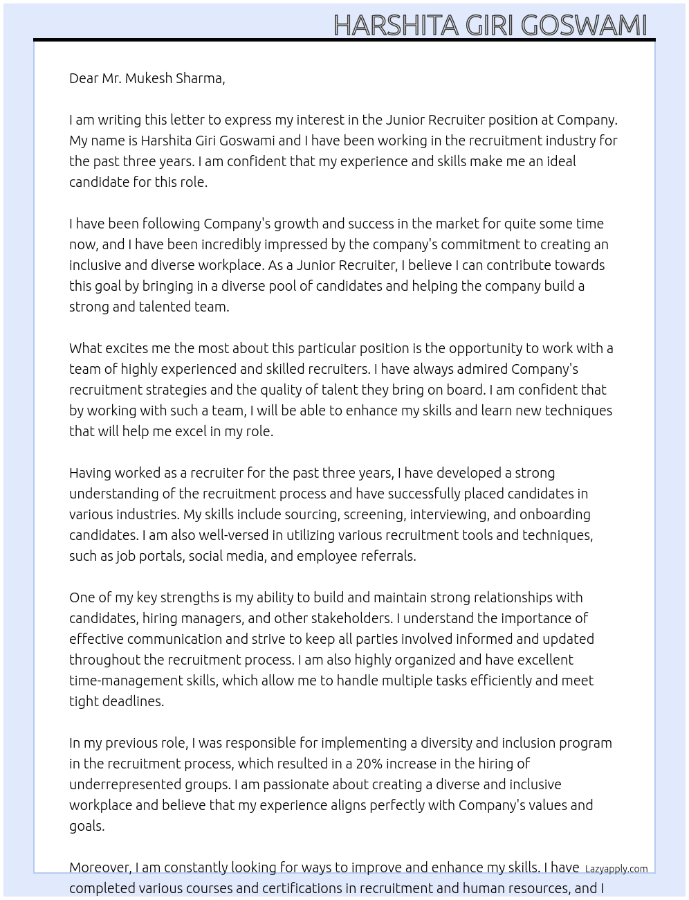 Junior Recruiter At Company Cover Letter