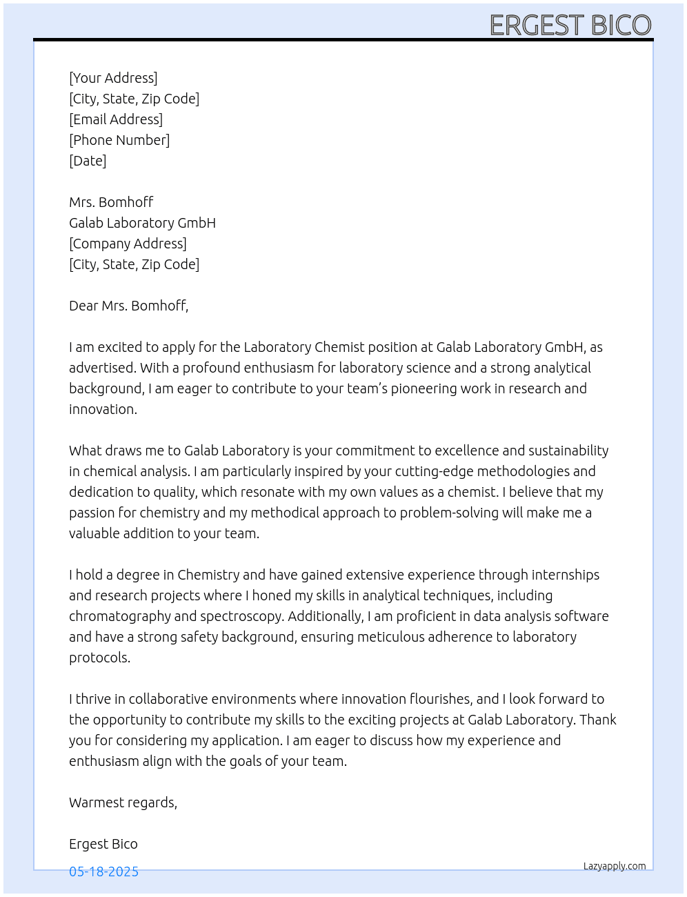 Laboratory Chemist At Galab Laboratory GmbH Cover Letter