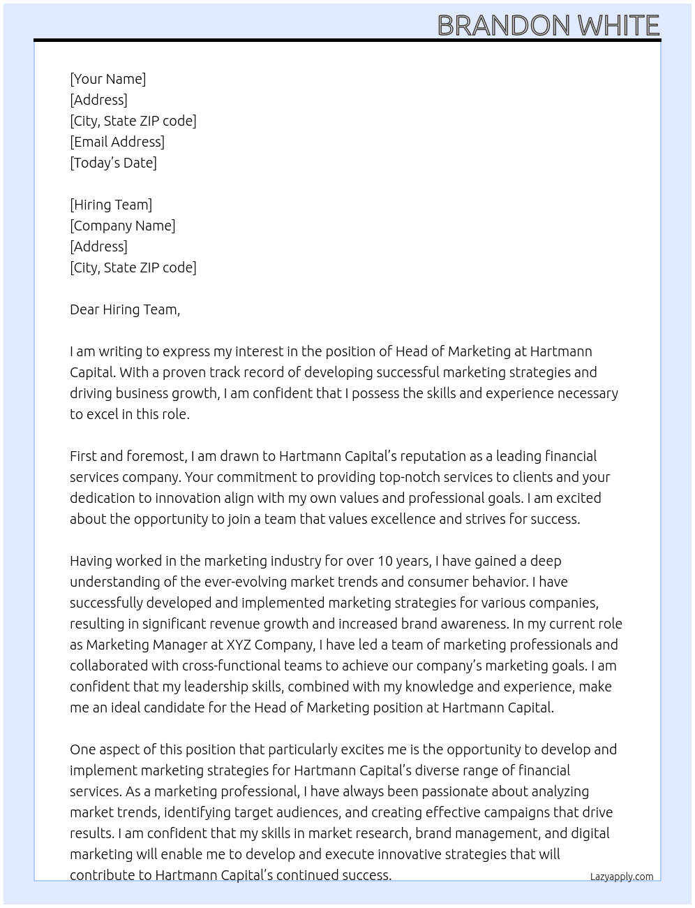 Head of Marketing At Hartmann Capital Cover Letter