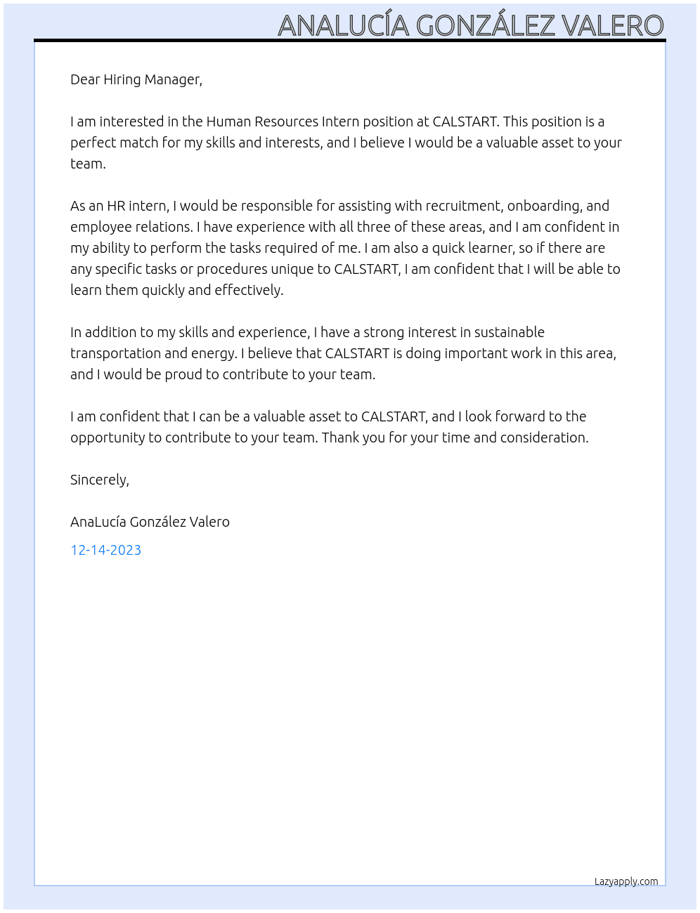 Human Resources Intern At CALSTART Cover Letter