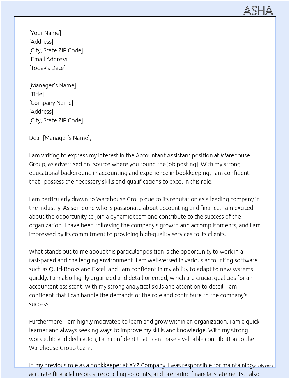 accountant assistant At Warehouse group Cover Letter