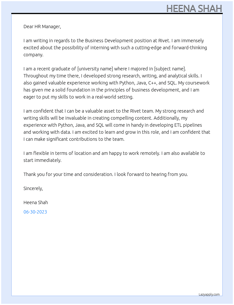  Business Development At Rivet Cover Letter