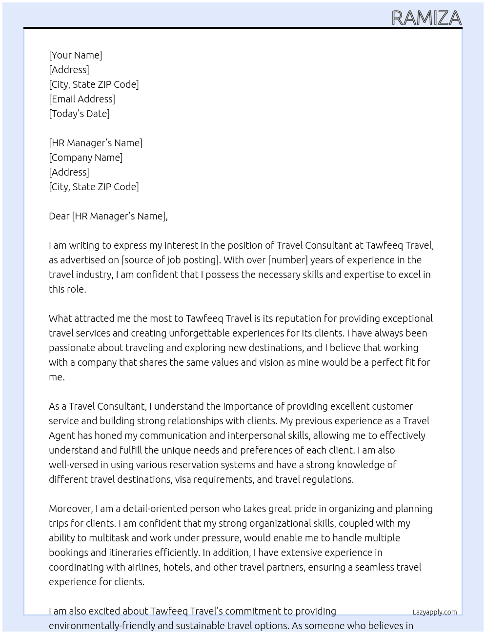 TRAVEL CONSULTANT At TAWFEEQ TRAVEL Cover Letter