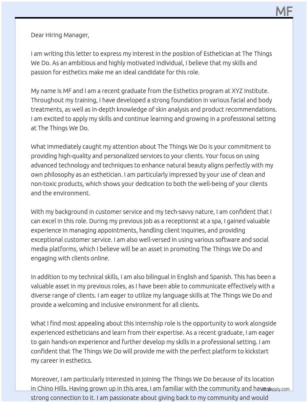 Esthetician At The Things We Do Cover Letter