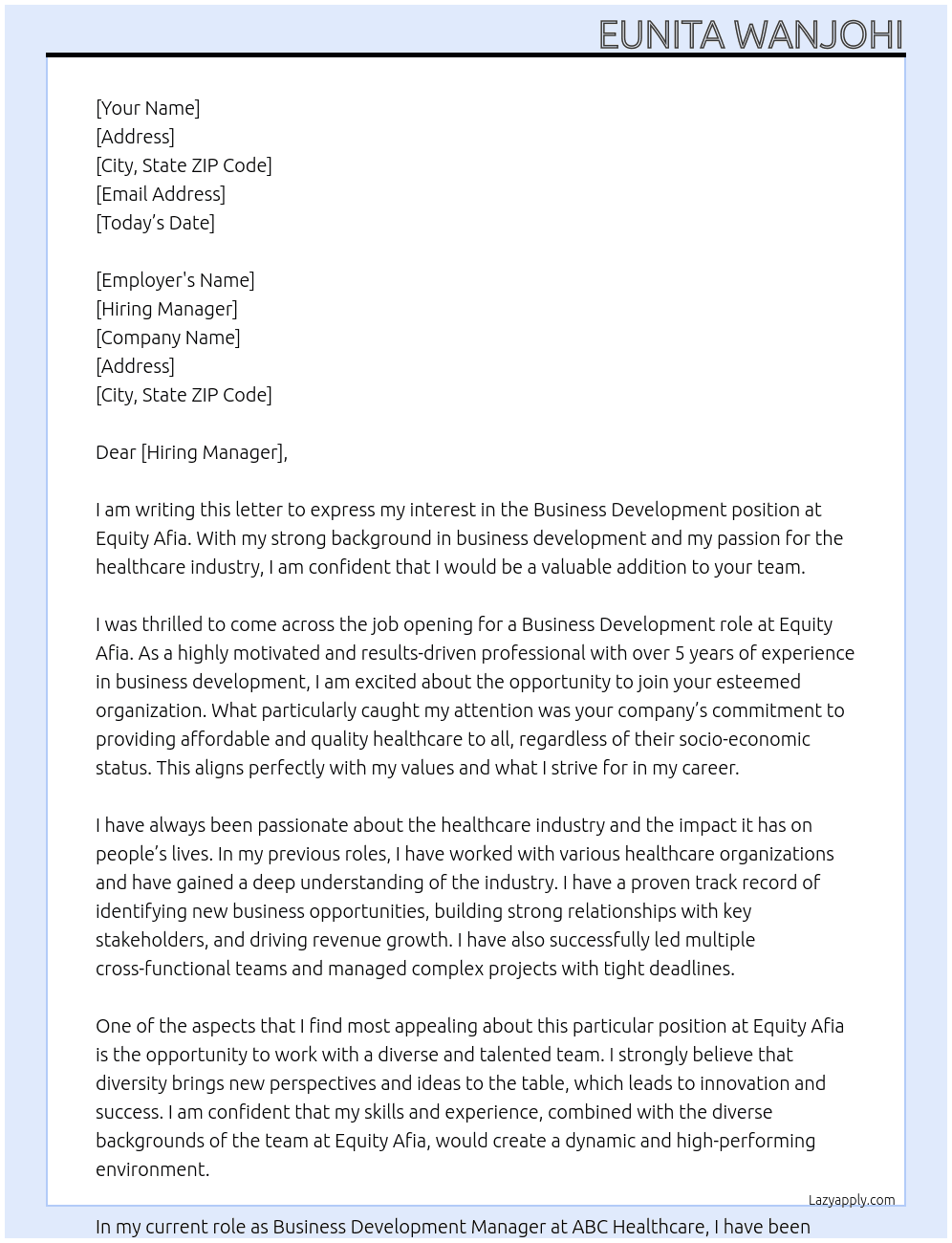 Business development At Equity Afia Cover Letter