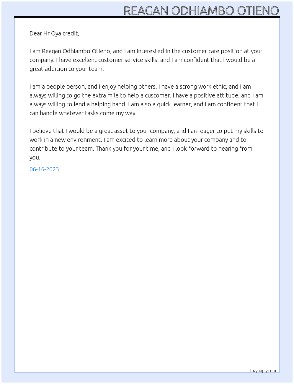 Customer care At Oya credit Cover Letter