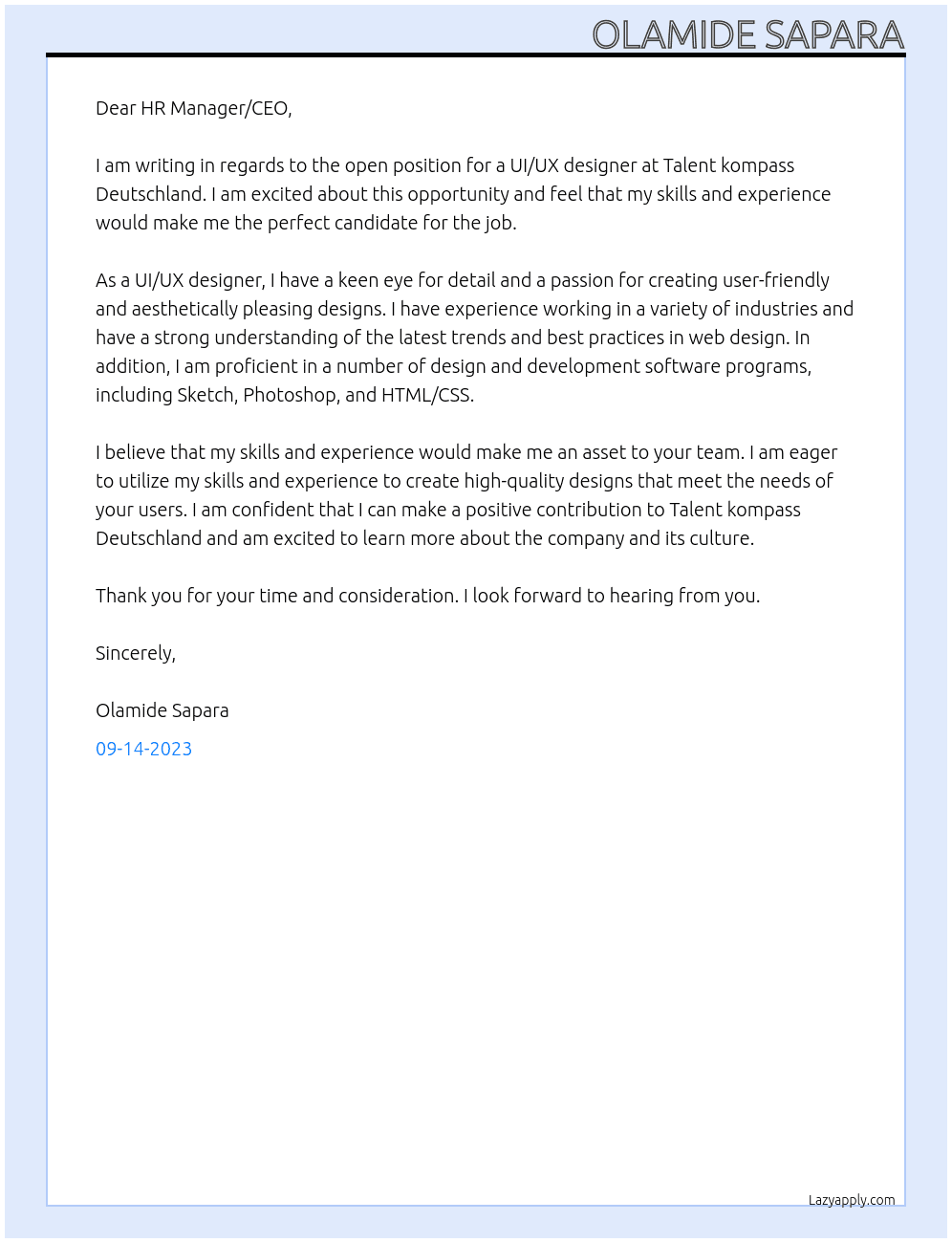 UI/UX designer  At Talent kompass Deutschland  Cover Letter