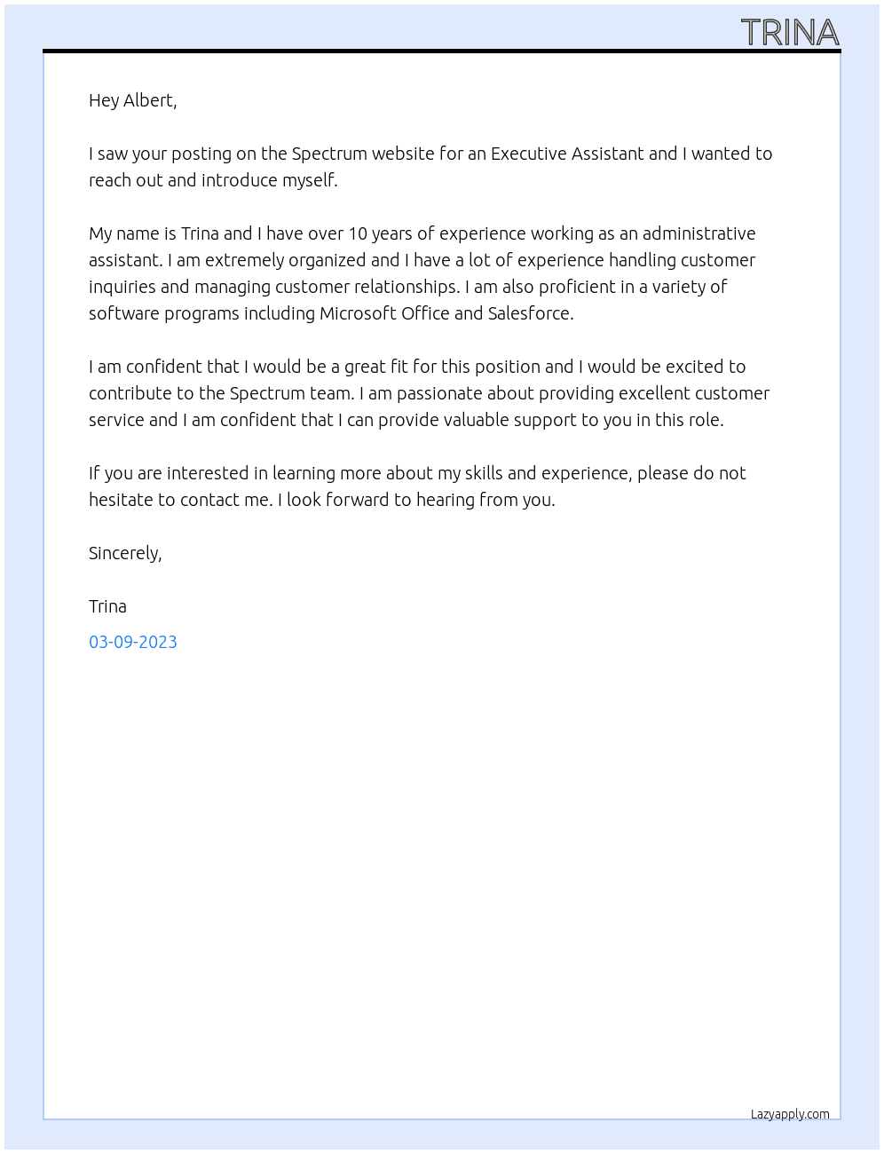 Executive Assistant At Spectrum Cover Letter
