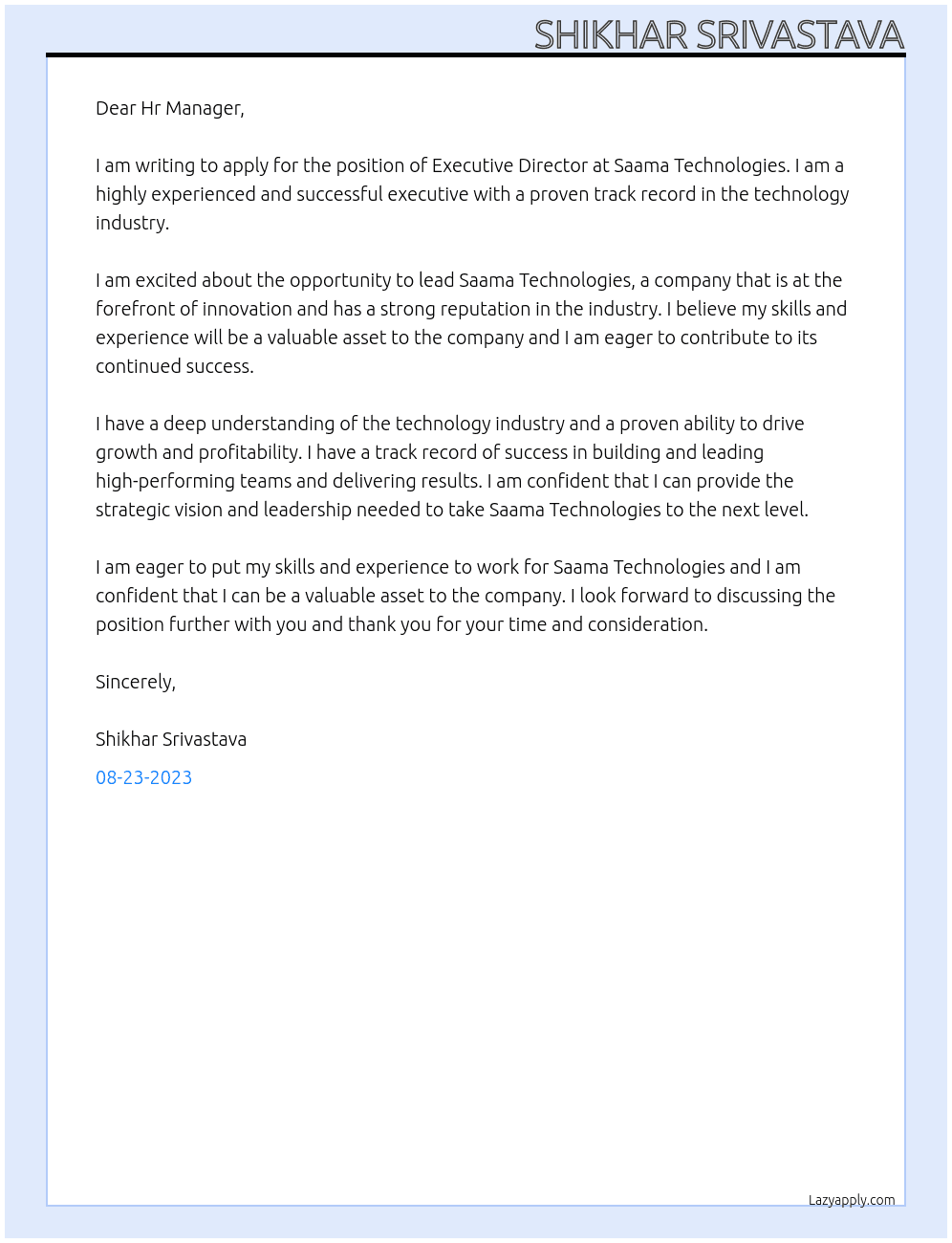Executive Director  At Saama technologies  Cover Letter