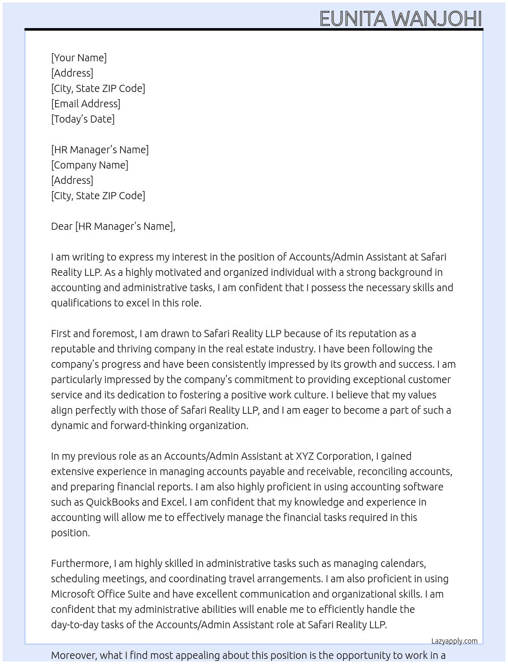 Accounts / Admin Assistant  At Safari Reality LLP Cover Letter