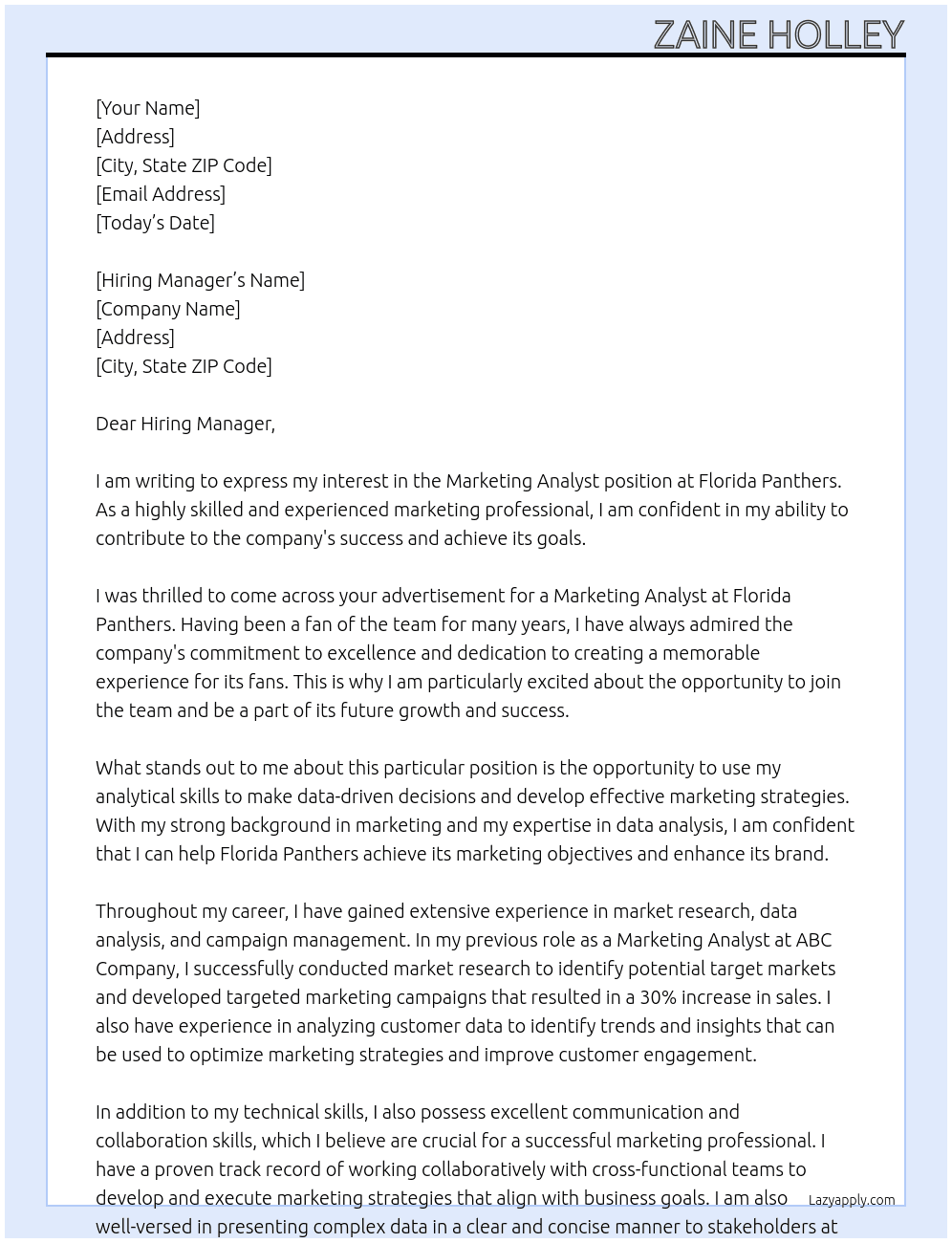 Marketing Analyst  At Florida Panthers  Cover Letter